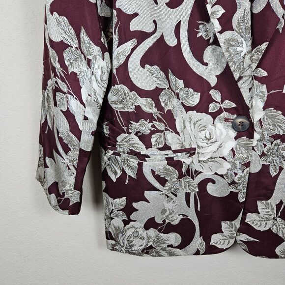 Vintage Washed Silk Blazer Women 2 Jacket Floral Elegant Formal Baroque Burgundy - Picture 4 of 14